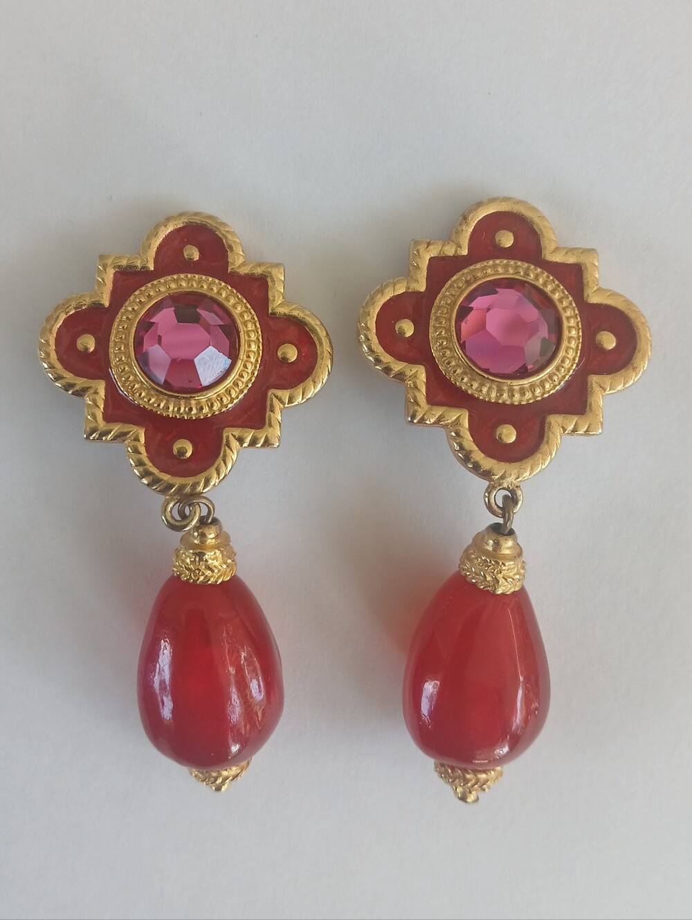 Ben Amun Vintage 80's Oversized Enamel Crystal Dangle Cross Earrings